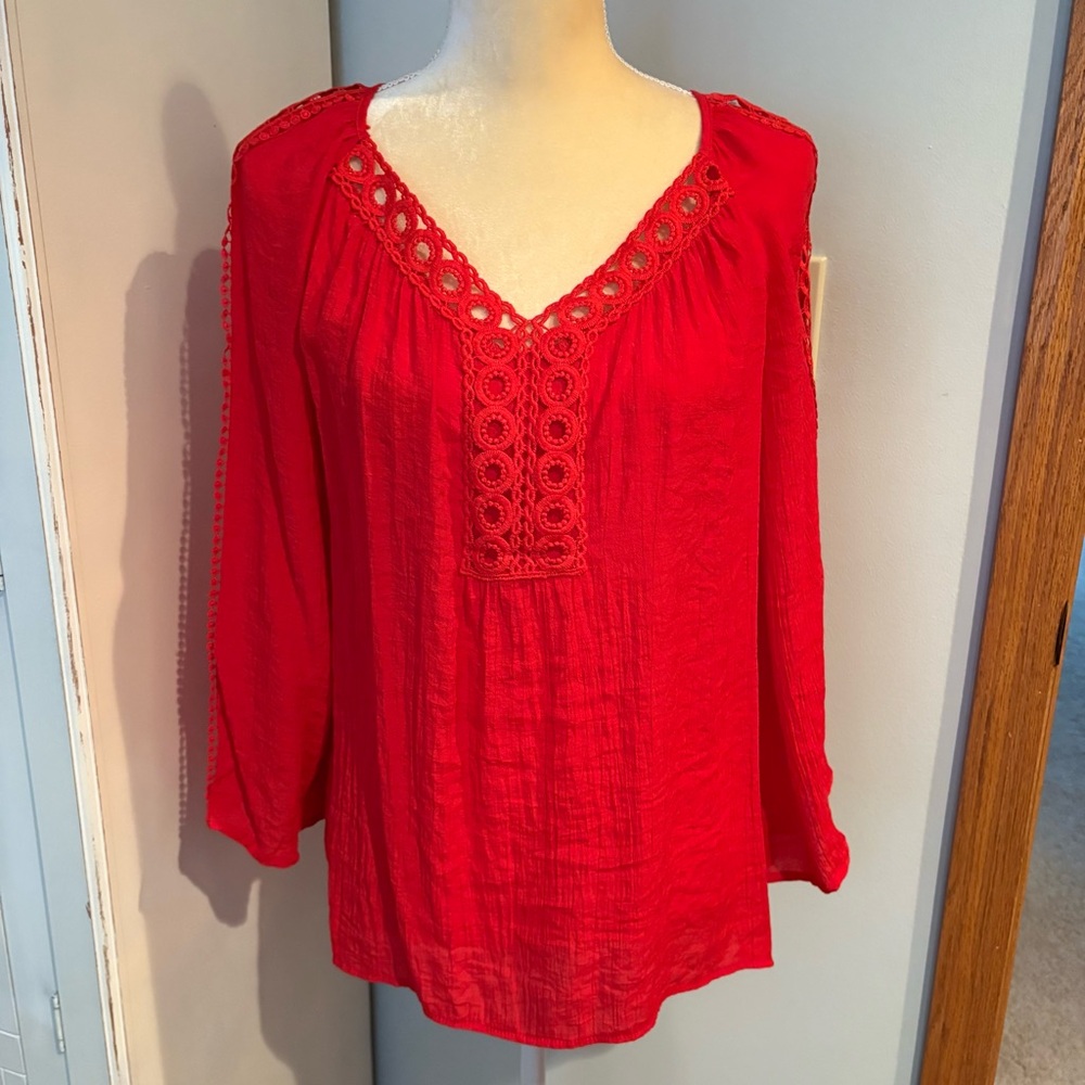 Red Boho Peasant Crinkle Gauze and Lace Blouse